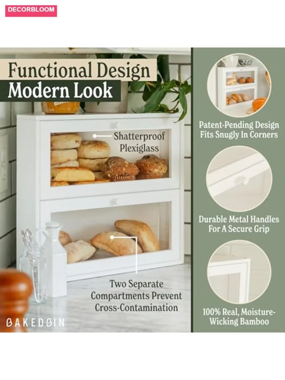 Extra Large Bamboo Corner Bread Box with Airtight Double Layer Storage for